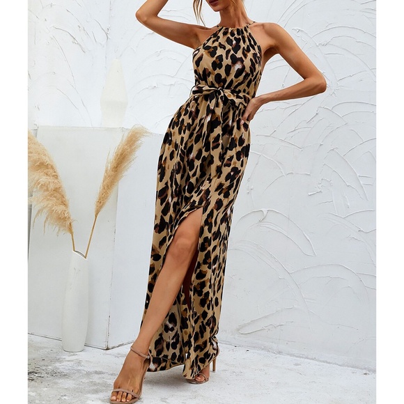 Gray Casual Leopard Print Side Slits Tank Maxi Dress main image 1